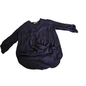 Lush Women’s Small Navy Blue V Neck Blouse Roll Tab Sleeve High Low Top